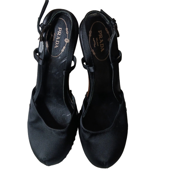 PRADA Wood Heels Black Satin Platform Closed Toe Bronze Studs Size 38.5 - Picture 11 of 14